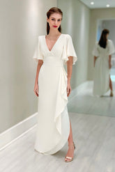 Chic White V-Neck Ruffles Cap Sleeves Long Chiffon Mother of the Bride Dress With Slit